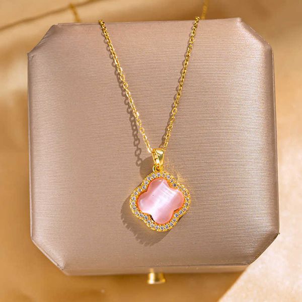 

Designer Van Clee Necklace Luxury Top French Cat's Eyes Four Leaf Grass Pendant Titanium Steel Necklace Women's Style Sweet Net Red Collar Chain Accessories Jewelry