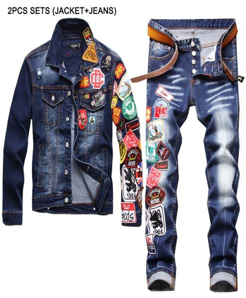 

new tracksuits multibadges jacket and jeans two piece sets men039s autumn winter slim embroidered badge denim coat and stretch8486391, Gray