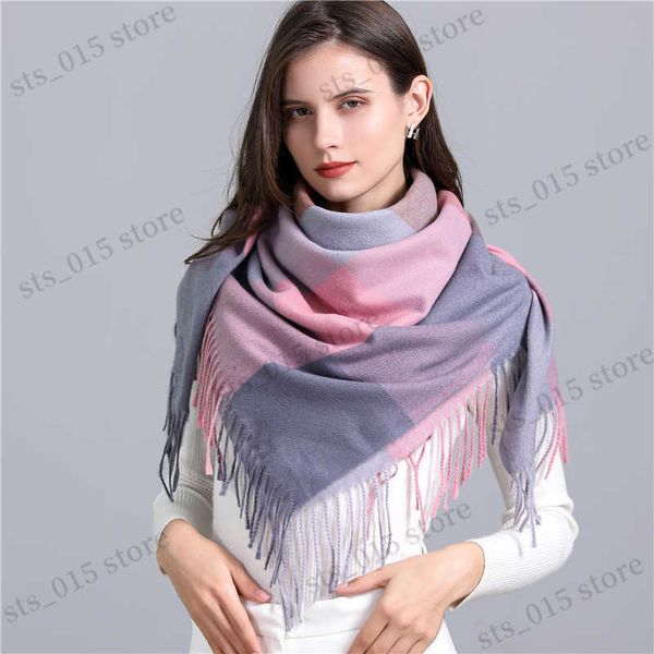 

scarves 2022 new winter square cashmere scarf for women design pashmina shawl wraps female warm plaid bufanda tassel scarves bandana t230425, Blue;gray
