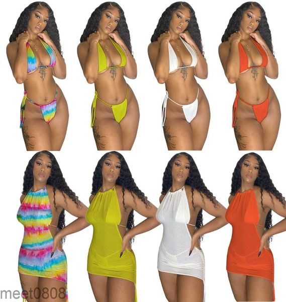

womens summer swimwear 3 three piece swimsuit solid color mesh skinny strappy bra panties halter smock bikinis set lady beach2232791, Gray