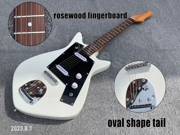 

electric guitar solid white finished ss pickups black pickguard oval shape tail chrome parts tom bridge rosewood fingerboard dots inlay no l