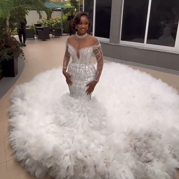 

gorgeous beaded mermaid wedding dresses ruffles tiered train wedding gown high neck sequin multi-tiered tulle trumpet bridal dress, White