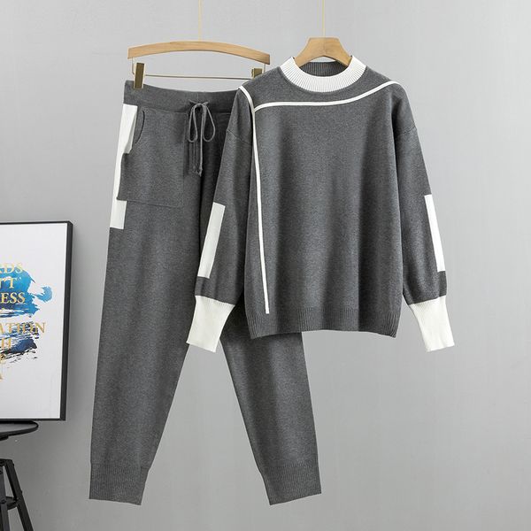 

women's tracksuits autumn runway 2 pieces set knitted long sleeve pullovers sweater casual patchwork fashion women and pants suits spr, Gray
