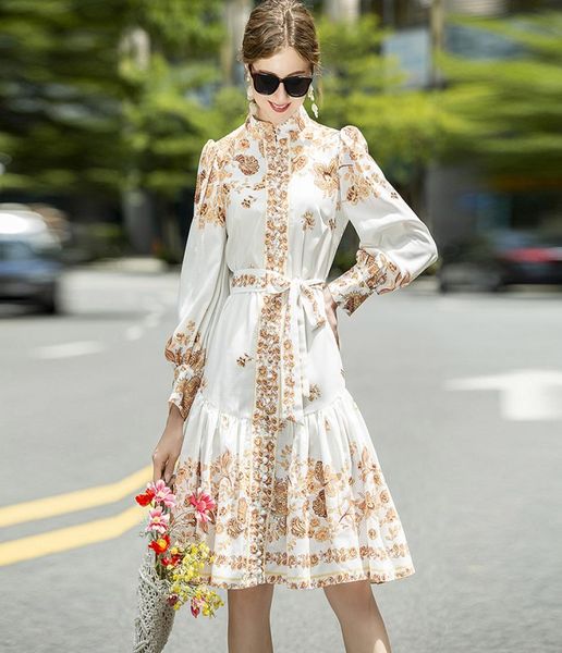 

women039s runway dress stand collar long sleeves printed sash belt high street fashion casual dresses vestidos1663221, Black
