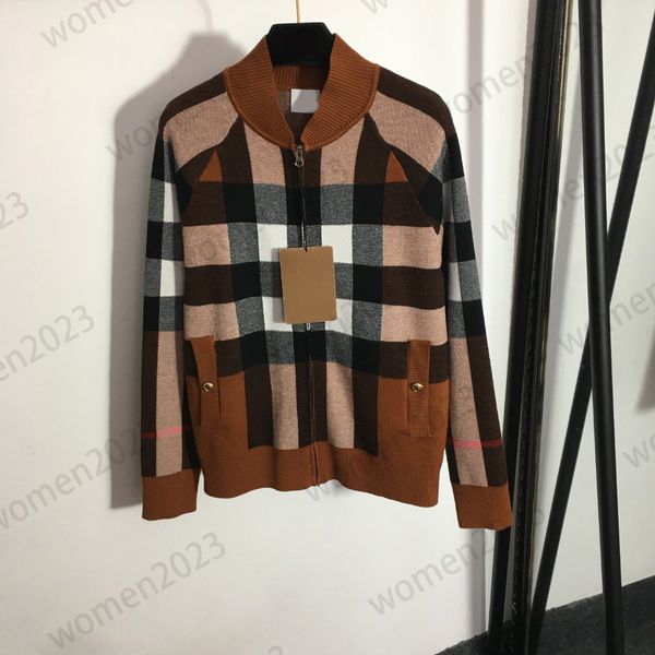 

womens zip jackets brand designer knitted jackets contrasting lattice autumn coats plaid long-sleeved knit cardigans high end womens 2023fw, Black;brown