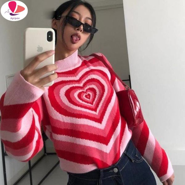 

women's sweaters y2k knitted sweater aesthetics heart striped pullovers girls sweet long sleeve turtleneck jumper autumn streetwear 230, White;black