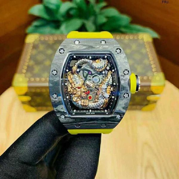 

designer richads mile watches carbon fiber dragon tiger wine bucket shaped mens fully automatic mechanical watch hollow out glow tape big pe, Slivery;black