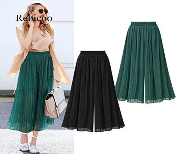 

ps size chiffon pants women pleated pant thin wide leg pant ankle length wide-legged trousers high waist casual skirts pants7046022, Black;white