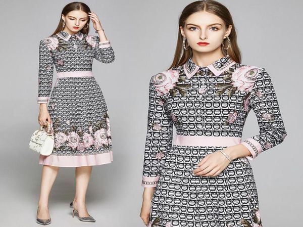 

spring summer autumn runway vintage floral print collar long sleeve button front women ladies casual party aline midi beach luxur3309688, Black;gray