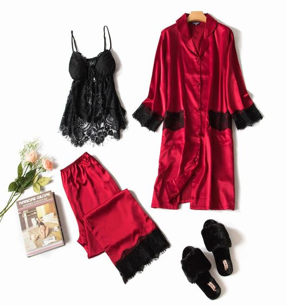 

freshing summer 3 pcs black lace women pajama set cardigannightdresslong pant set pijama2049104, Black;red