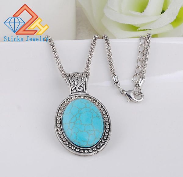 

fashion natural stone turquoise oval shape pendant necklaces blue stone agate crystal gem stones necklace wholeretailing 1pcs7437194, Silver