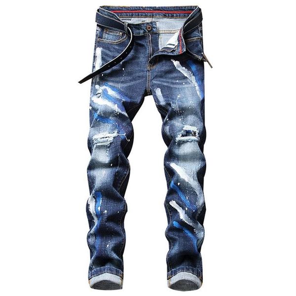 

new arrive mens skinny denim pants for youth autumn winter casual slim ripped patchwork cowboys trousers hip hop printed jeans214z, Blue