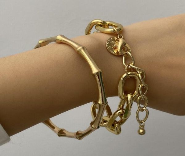 

2pcslot punk miami curb cuban thick bracelets bangles carved coin pendant gold color chunky bamboo bracelet jewelry3603661, Golden;silver