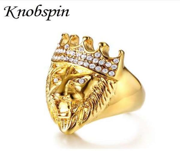 

men039s hip hop gold tone roaring king lion head and crown cz ring for men rock stainless steel pinky rings male jewelry8716908, Golden;silver