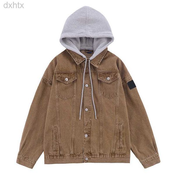 

2023 casual denim coat male spring and autumn hooded high street trend handsome loose fashion fake two tooling stone jacket, Black