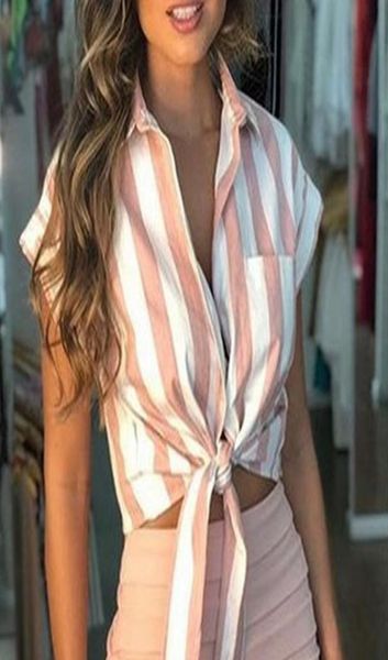 

womens and blouses tunic striped front tie crop summer ladies for women clothes 2020 womens clothing3369863, White