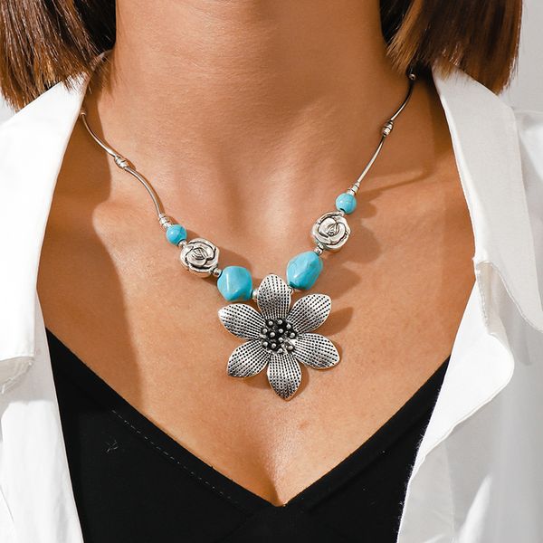 

pendant necklaces bohemian turquoise flower necklace for women girls vintage ethnic style personality party jewelry gifts 230831, Silver