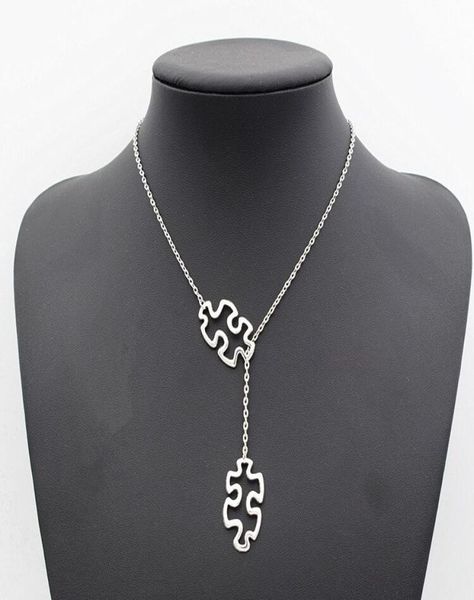 

fashion tibetan silver autism jewelry awareness jigsaw double puzzle piece pendant adjustable necklace gift9041532