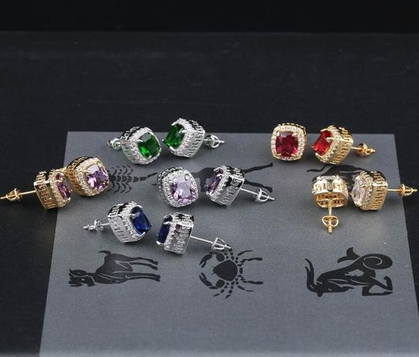 

hip hop colorful gemstone ear studs luxury designer mens bling iced out diamond earrings red green blue gem ruby emerald sapphire 4677890, Golden