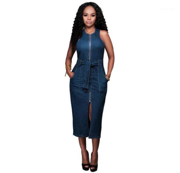 

casual dresses large oneck sleeveless summer dress club party denim jeans bodycon women zip up 2021 vestidos12064277, Black;gray