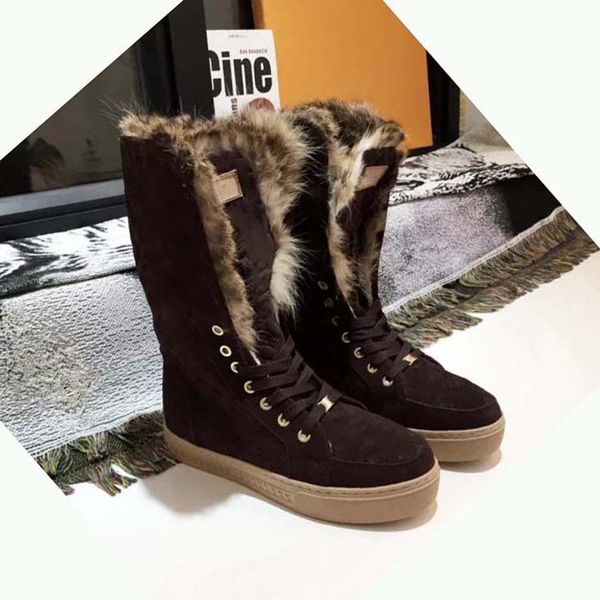 

luxury designers boots plush snow boots women knee boots black and white calfskin quality flat lace up shoes adjustable zipper opening women
