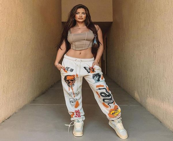 

products in stock new womens cartoon harajuku print jogger pants drawstring tooling street casual sports pants autumn and winter8885813, Black;white