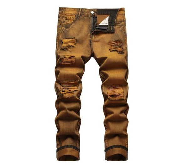 

fashion designer casual men039s jeans ripped denim pants long plus size men straight ginger yellow vintage men039s pant4030528, Blue