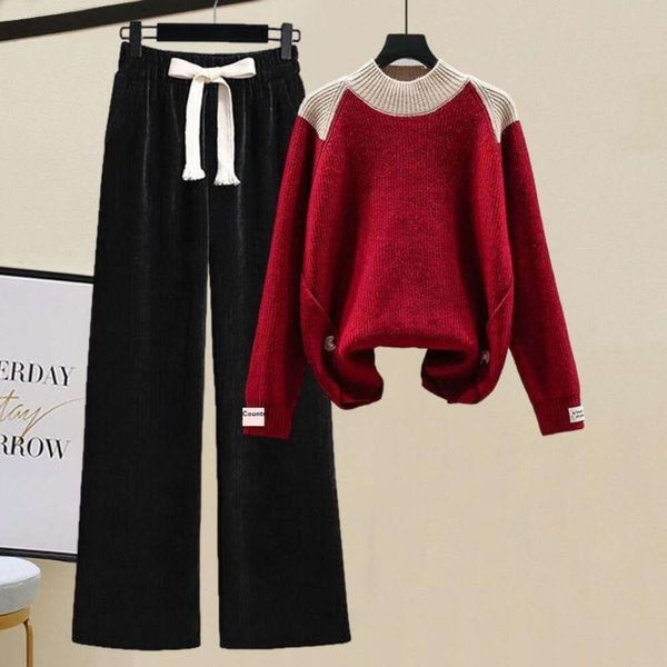 

large size womens clothing autumn sweaters suit style slimming loose versatile stitching sweater wide legged pants, White;black