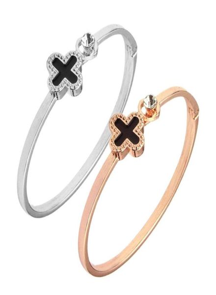 

bangle korean fashion lucky fourleaf clover bracelet rose gold allmatch open8213334, Black