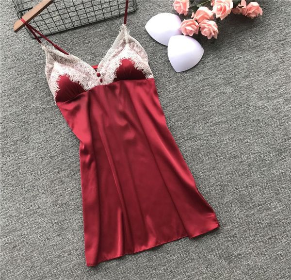 

22019 new ladies spring and summer straps nightdress with chest pad ice silk lace slim pajamas2360088, Black;white