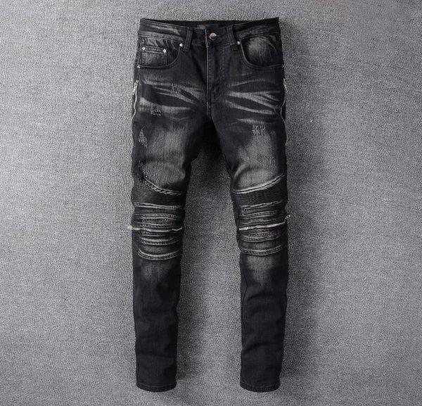 

mens zipper hole biker jeans slim fit denim pants fashion designer hip hop black long trousers size 28406594690, Blue