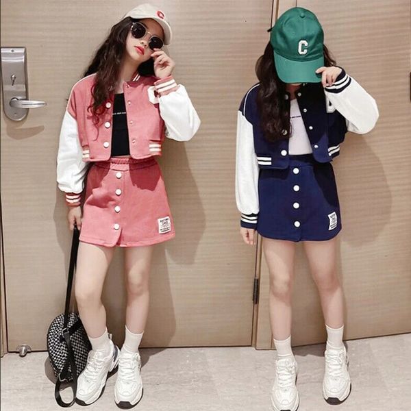 

clothing sets girls' clothing spring and autumn sports set baseball uniform jacket short skirt two-piece korean children's set 230, White