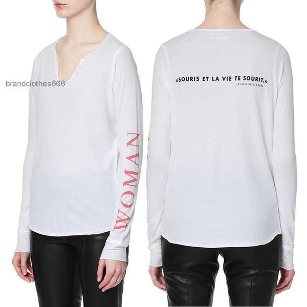 

zadig voltaire 23ss designer t shirt early autumn new women's zv sleeve woman print english v-neck cut rotten button pure cotton long s, White