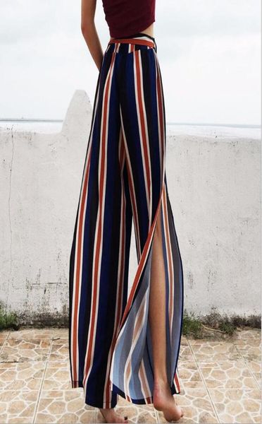 

fashion women long pants striped wide leg pants loose casual striped pants summer holiday split buttom chiffon capris2470282, Black;white