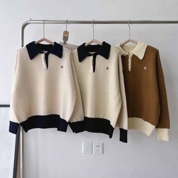 

women's sweaters product ins selling korean version loose longsleeved polo lapel embroidered letters soft waxy sweater 230831, White;black