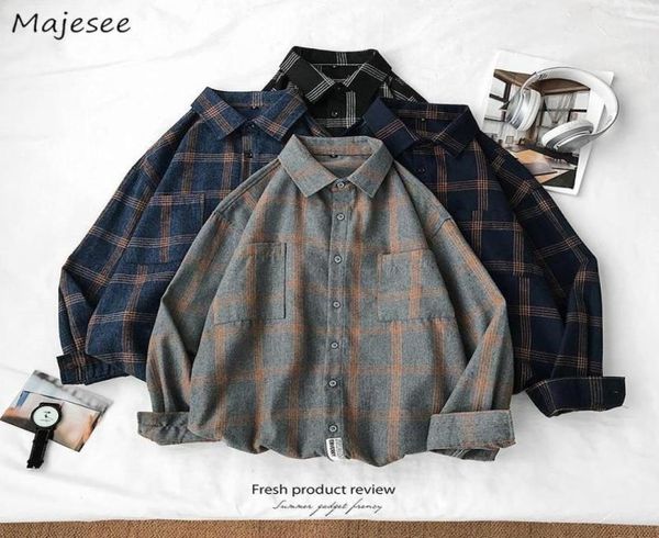 

men shirts long sleeve turndown collar large size 5xl plaid korean style vintage trendy loose students mens allmatch chic new13547979, White;black