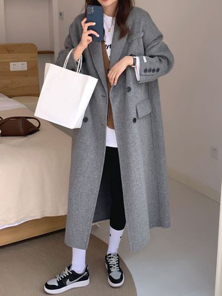 

womens wool blends zoki winter thick office lady long coat elegant fashion faux jacket women simple grey sleeve all match outwear 230831, Black