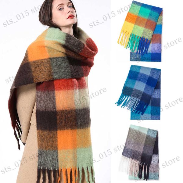 

scarves luxury cashmere women plaid scarf winter warm shawl and wrap bandana pashmina long tassel female foulard thick blanket, Blue;gray