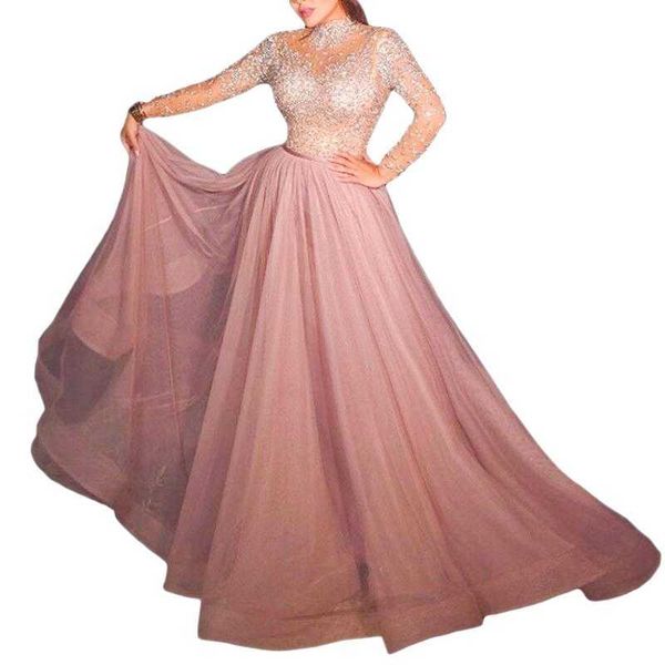 

designer birthday dress women formal party dress pink high collar long sleeves sequined evening wedding dresses ladies, Black;gray