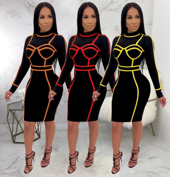 

2019 hisimple fluorescence color trim bodycon midi dress o neck long sleeve fashion party dress women clubwear reflective out1347400, Black;gray