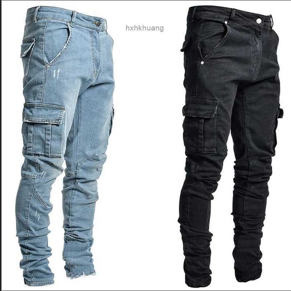 

jeans male pants casual cotton denim trousers multi pocket cargo men fashion style pencil side pockets, Blue