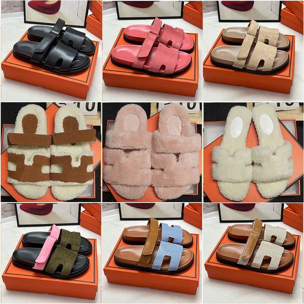 

designer chypre luxury summer beach classic flat fur men women h sandals leather flip flops comfort slipper platform furry lady slides sanda, Black