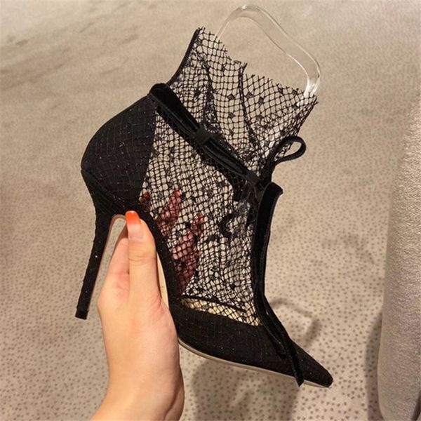 

dress shoes pointed toe women pumps mesh 10cm high heels hollow out summer ankle boots lace gladiator sandals black dress stiletto 230830