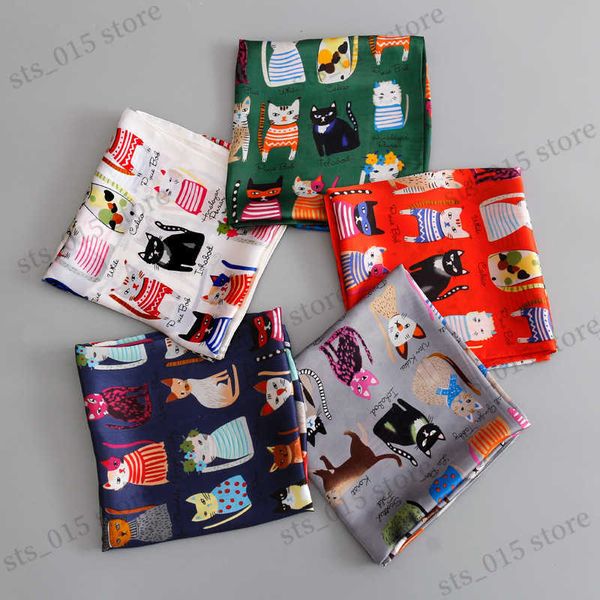 

scarves 90x90cm luxury brand silk square scarf women tie hairband cat printed scarves female foulard muslim hijab stores 2021 new pareo t230, Blue;gray