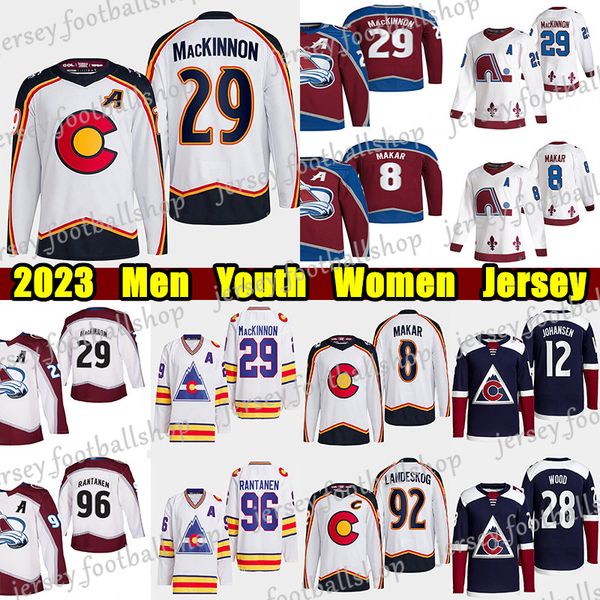 

#29 nathan mackinnon reverse retro hockey jersey #8 cale makar mikko rantanen gabriel landeskog miles wood joe sakic ryan johansen stanley c, Black;red