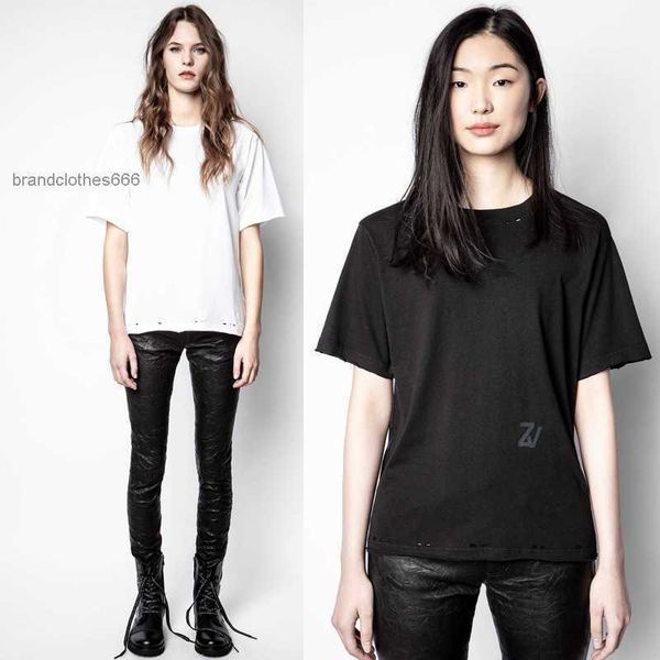 

zadig voltaire 23 designer t shirt women's t-shirts summer new women's zv cotton hole cut out letter printed loose short sleeve t-, White