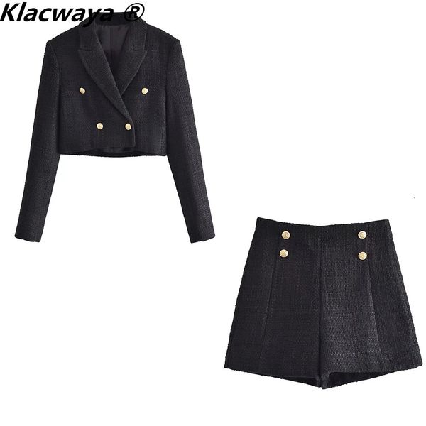 

women's suits blazers klacwaya tweed suit blazer women two piece set double breasted women cropped blazer sets high waist shorts female, White;black
