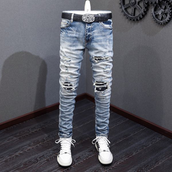 

men's jeans high street fashion men jeans retro light blue elastic stretch skinny ripped jeans men patch designer hip hop brand pants h