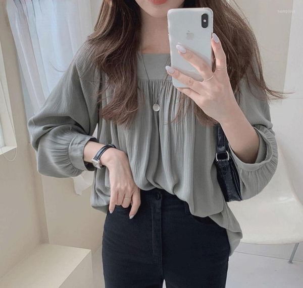 

women039s blouses ladies korean style square collar shirts spring long sleeve loose chiffon solid apricot1067308, White
