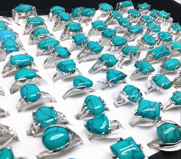 

whole 24pcs blue stone vintage rings mixed styles irregular shape beautiful ethnic alloy women ring whole lots bulk2198698, Silver